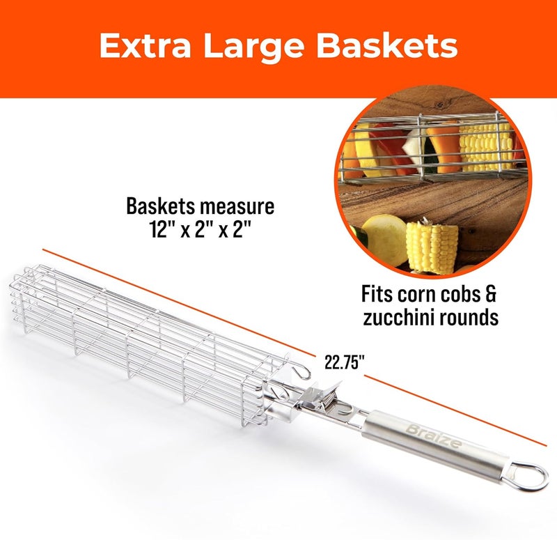 Braize Large Kabob Grilling Basket with Removable Handle. Stainless Steel construction with a Larger Capacity (12 x 2 x 2) and secure easy-latch lid. (2-Piece Kabob Basket Set) - Image 5